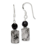 Sterling Silver Dangle Earrings with Faceted Black Beads and Rutilated Quartz, Modern Boho Style
