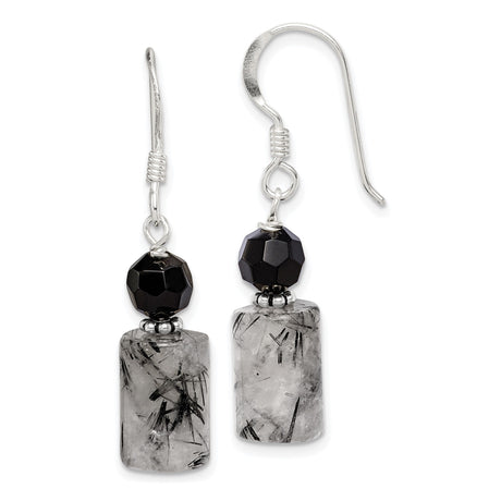 Sterling Silver Dangle Earrings with Faceted Black Beads and Rutilated Quartz, Modern Boho Style