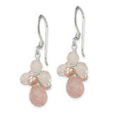 Sterling Silver Dangle Earrings with Rose Quartz, Freshwater Pearls, Floral Cluster Design