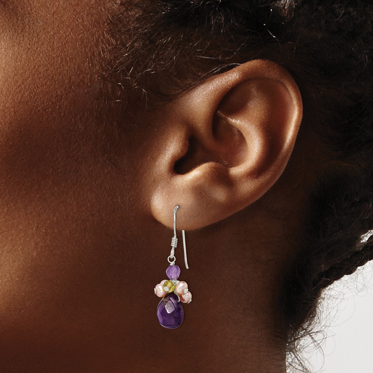Sterling Silver Dangle Earrings with Amethyst, Pink Pearls, Peridot Accents, Boho Chic Style