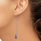 Sterling Silver Threader Earrings with Teardrop Purple Cubic Zirconia, Minimalist Long Drop Style