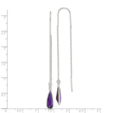 Sterling Silver Threader Earrings with Teardrop Purple Cubic Zirconia, Minimalist Long Drop Style