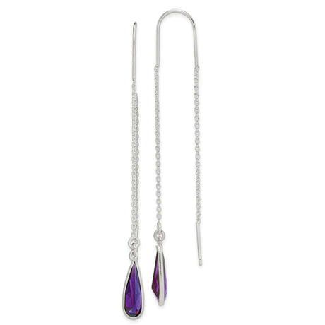 Sterling Silver Threader Earrings with Teardrop Purple Cubic Zirconia, Minimalist Long Drop Style