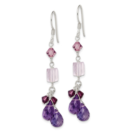 Sterling Silver Dangle Earrings with Amethyst and Lavender Quartz, Teardrop and Geometric Design