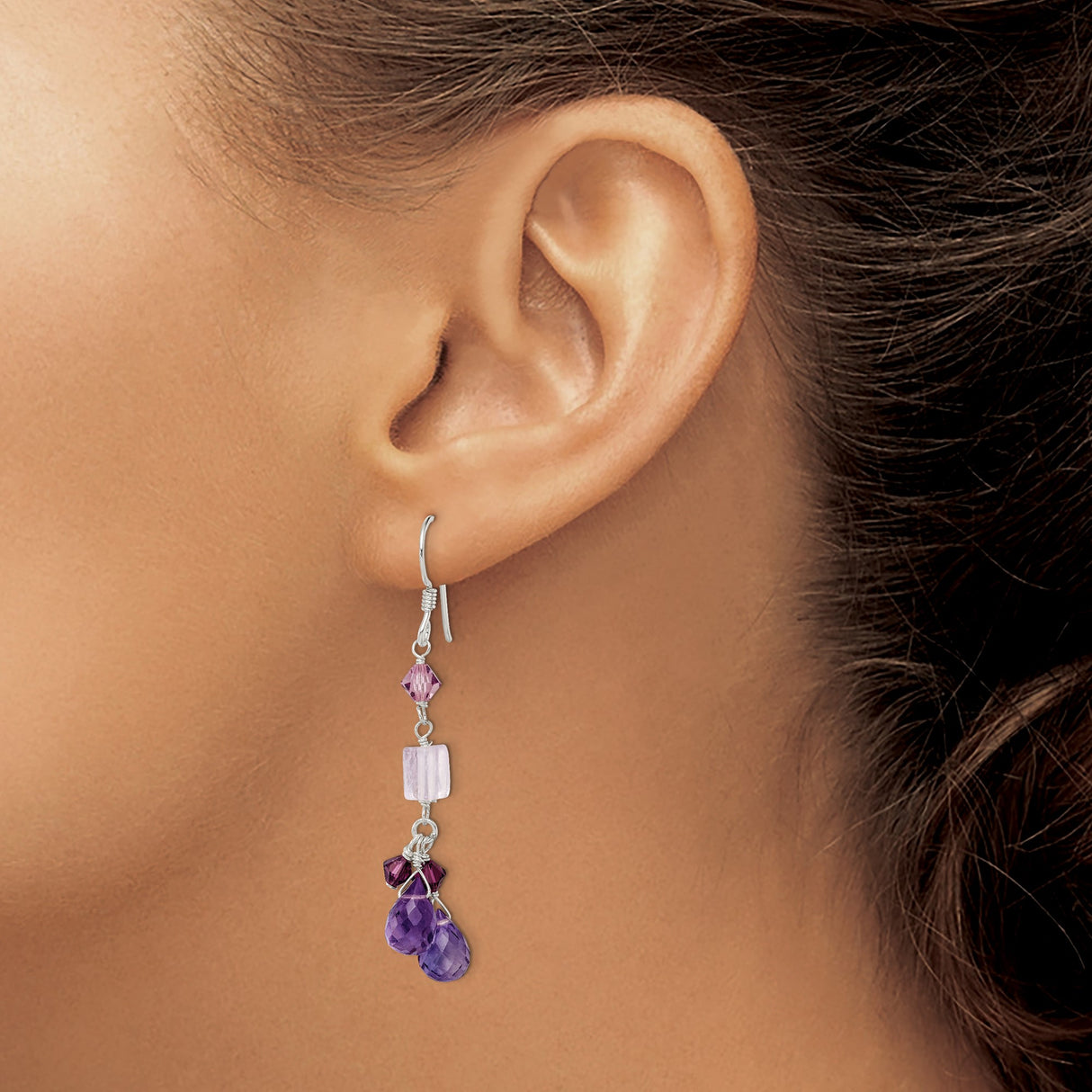Sterling Silver Dangle Earrings with Amethyst and Lavender Quartz, Teardrop and Geometric Design