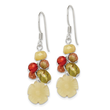 Sterling Silver Dangle Earrings with Peridot and Aventurine, Floral and Geometric Boho Style