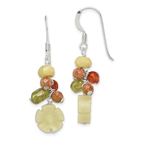 Sterling Silver Dangle Earrings with Peridot and Aventurine, Floral and Geometric Boho Style