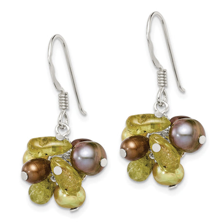 Sterling Silver Dangle Earrings with Peacock Freshwater Pearls and Peridot, Boho Organic Style
