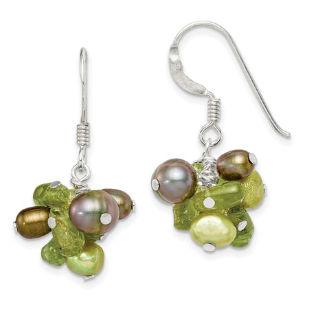 Sterling Silver Dangle Earrings with Peacock Freshwater Pearls and Peridot, Boho Organic Style