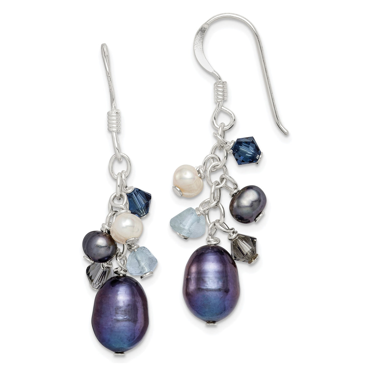 Sterling Silver Dangle Earrings with Freshwater Pearls, Blue Quartz, Smoky Quartz, Boho Style