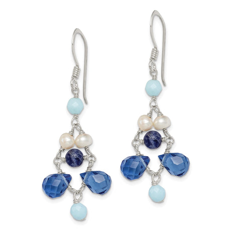 Sterling Silver Dangle Earrings with Freshwater Pearls, Amazonite, Lapis, and Crystal Beads
