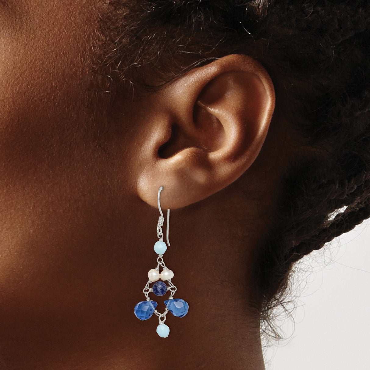 Sterling Silver Dangle Earrings with Freshwater Pearls, Amazonite, Lapis, and Crystal Beads