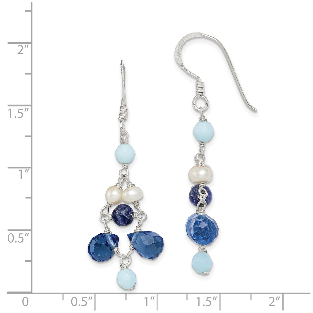 Sterling Silver Dangle Earrings with Freshwater Pearls, Amazonite, Lapis, and Crystal Beads