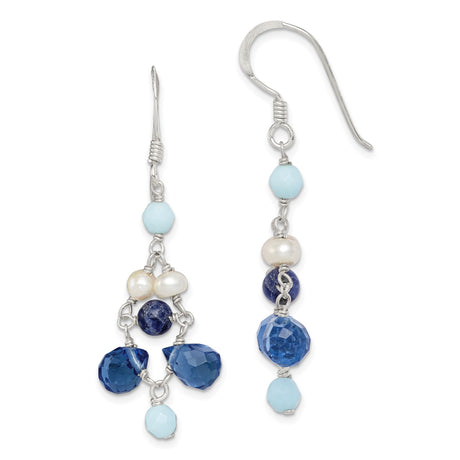 Sterling Silver Dangle Earrings with Freshwater Pearls, Amazonite, Lapis, and Crystal Beads