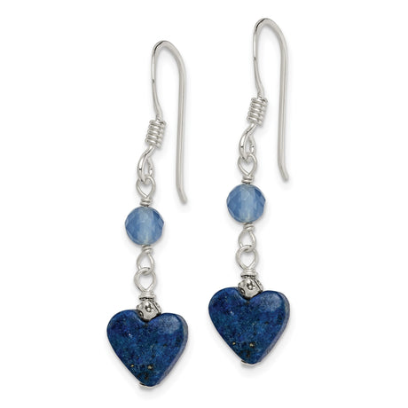 Sterling Silver Dangle Earrings with Agate and Lapis, Heart Design, Boho Artisan Style