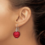 Sterling Silver Heart Dangle Earrings with Red Murano Glass, Romantic Drop Jewelry for Women