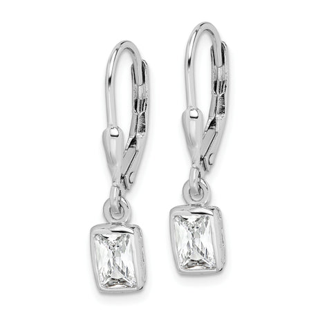 Sterling Silver Drop Earrings with Rectangular Cubic Zirconia, Leverback Dangle Design