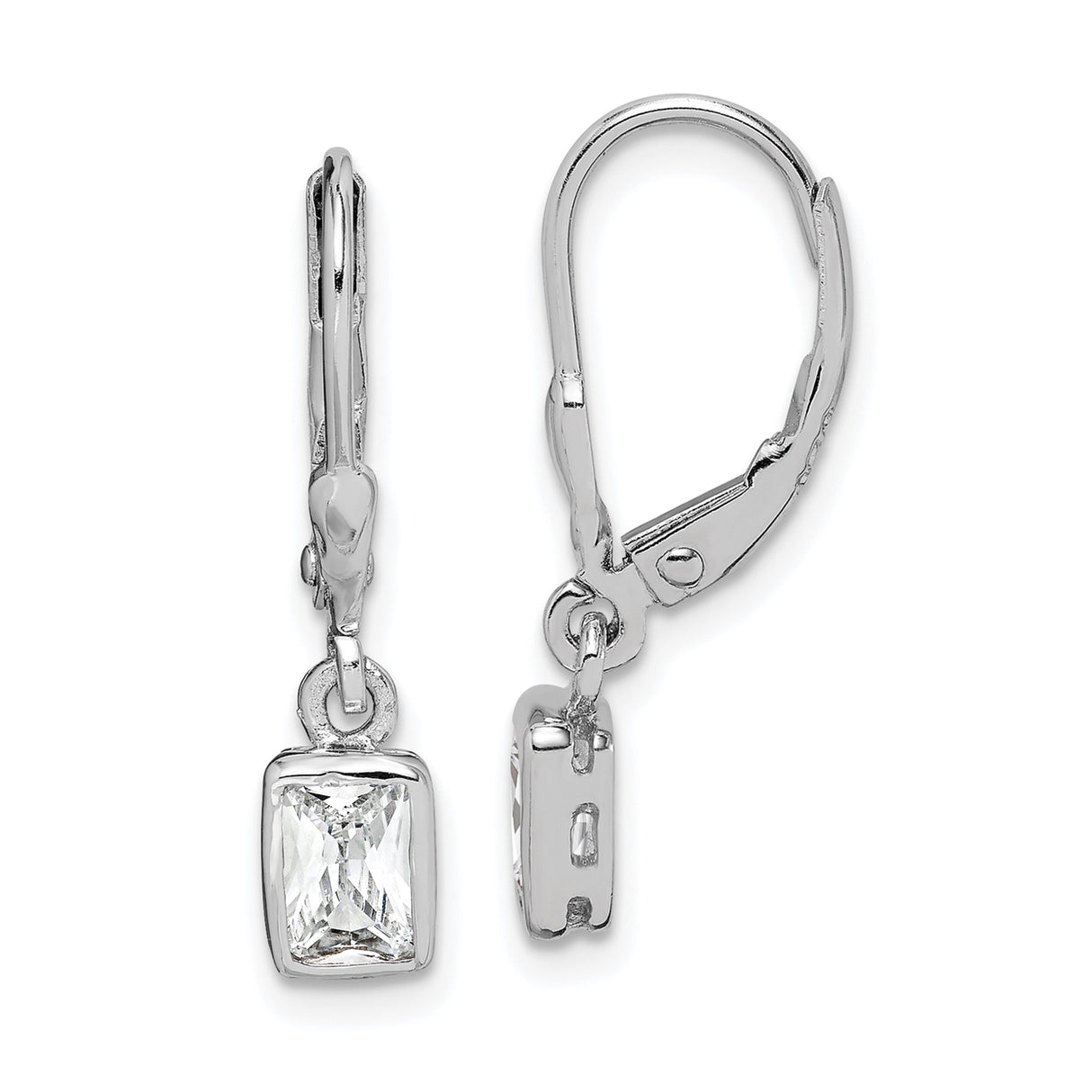 Sterling Silver Drop Earrings with Rectangular Cubic Zirconia, Leverback Dangle Design