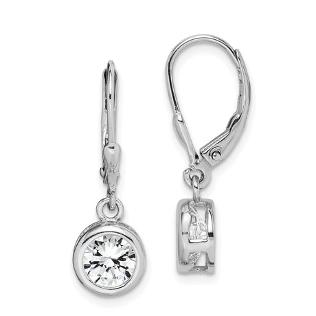 Sterling Silver Drop Earrings with 7mm Cubic Zirconia Bezel Set Stones, Leverback Dangle Design
