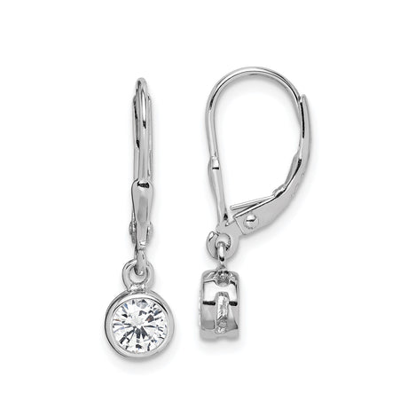 Sterling Silver Leverback Drop Earrings with Round Cut Cubic Zirconia Bezel Setting