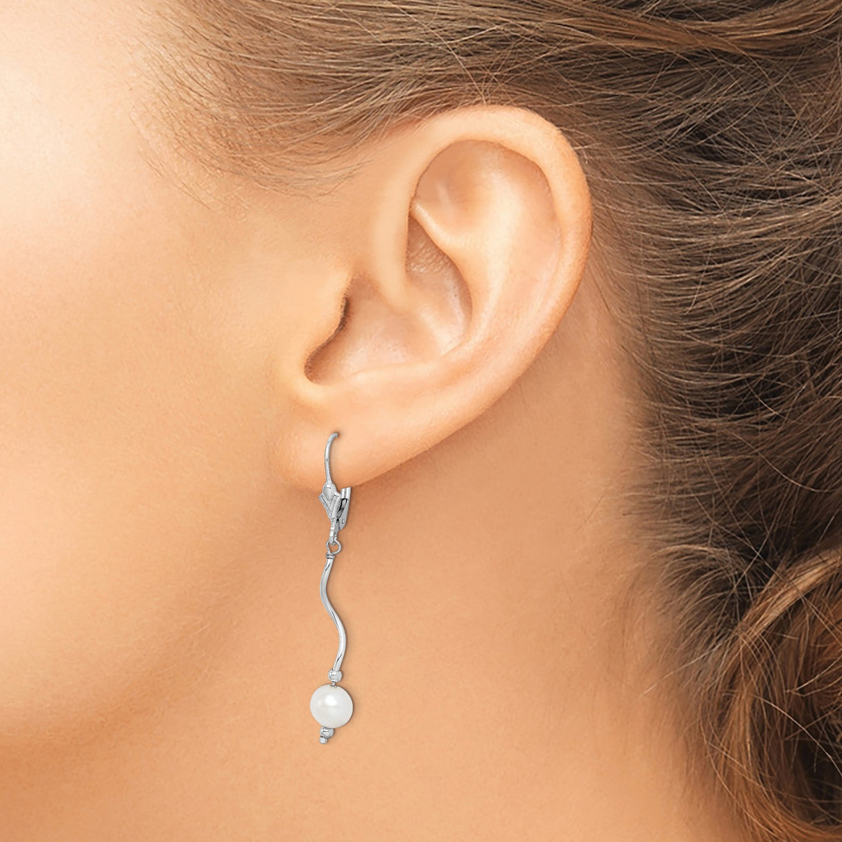 Sterling Silver Dangle Earrings with White Freshwater Pearls, Wave Drop Minimalist Style