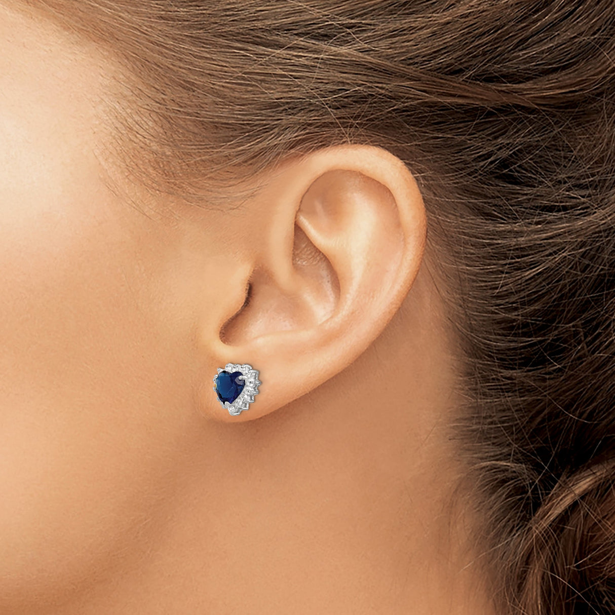 Sterling Silver Heart Stud Earrings with Deep Blue Cubic Zirconia and Clear Accents