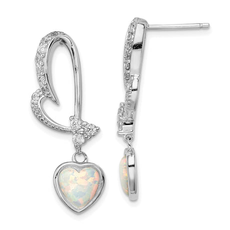 Sterling Silver Heart Drop Earrings with Cubic Zirconia and Lab-Created Opal Accents