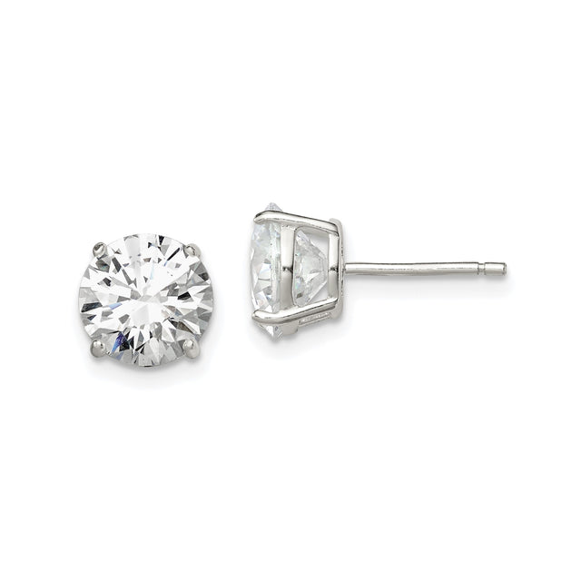 Sterling Silver Stud Earrings with Round Cut Clear Cubic Zirconia in Four Prong Setting