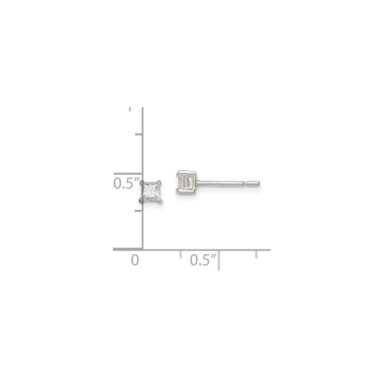 Sterling Silver Stud Earrings with Princess Cut Cubic Zirconia in Four-Prong Basket Setting