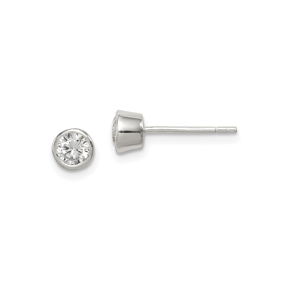 Sterling Silver Stud Earrings with Clear Cubic Zirconia in Bezel Setting, Minimalist Round Cut Design