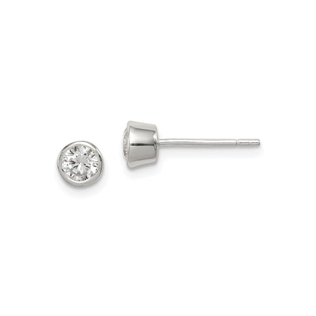 Sterling Silver Stud Earrings with Clear Cubic Zirconia in Bezel Setting, Minimalist Round Cut Design