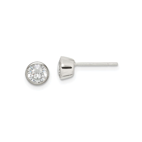 Sterling Silver Stud Earrings with Round Bezel Set Clear Cubic Zirconia, Minimalist Solitaire Style for Women, Lightweight Daily Wear Silver Jewelry, Modern Elegant Unisex Ear Studs, 5mm