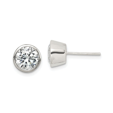 Sterling Silver Stud Earrings with Bezel Set Clear Cubic Zirconia, Round Minimalist Design