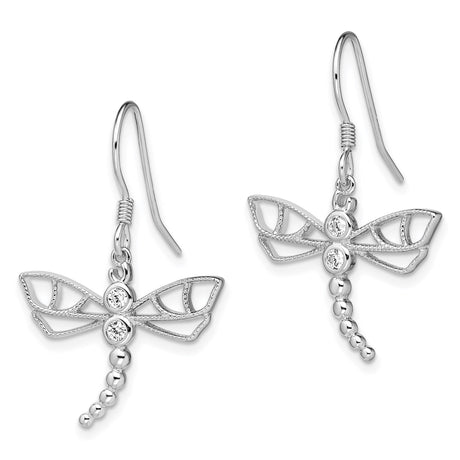 Sterling Silver Dragonfly Dangle Earrings with Cubic Zirconia and Openwork Wing Design