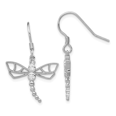 Sterling Silver Dragonfly Dangle Earrings with Cubic Zirconia and Openwork Wing Design