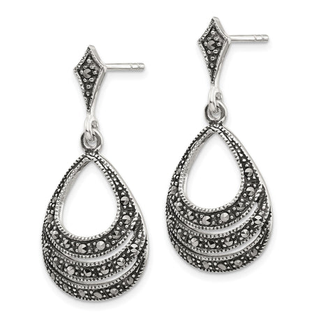 Sterling Silver Dangle Earrings with Marcasite, Teardrop Layered Vintage Style for Women
