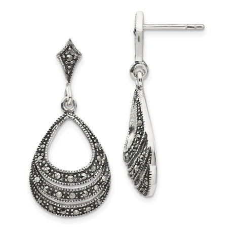 Sterling Silver Dangle Earrings with Marcasite, Teardrop Layered Vintage Style for Women