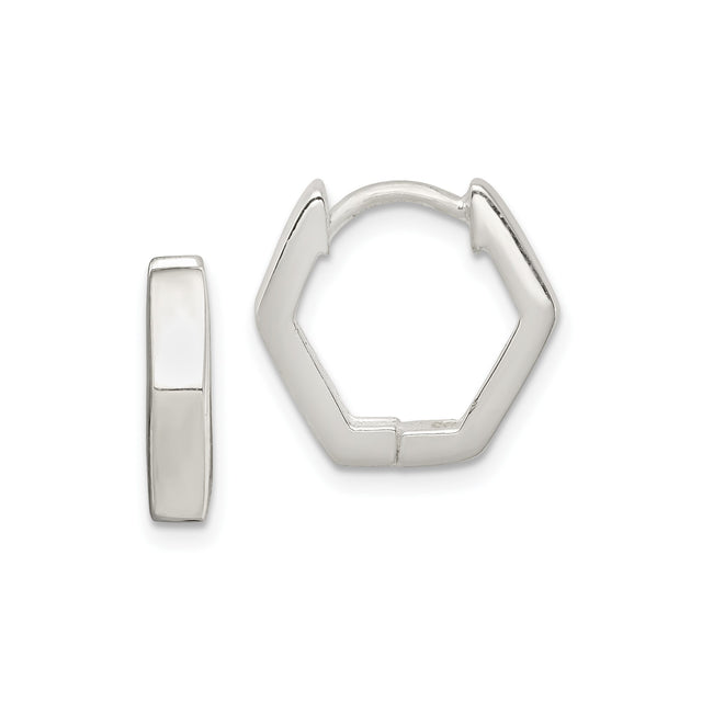 Sterling Silver Hoop Earrings, Hexagon Geometric Design, Small Lightweight Huggie Style