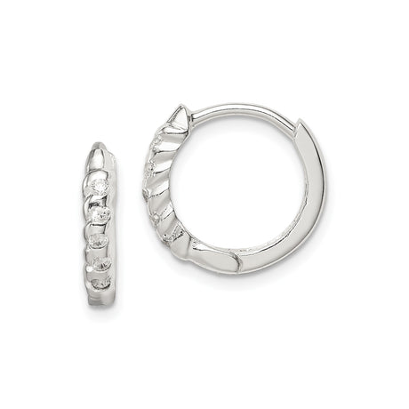 Sterling Silver Hoop Earrings with Round Cut Cubic Zirconia and Textured Finish