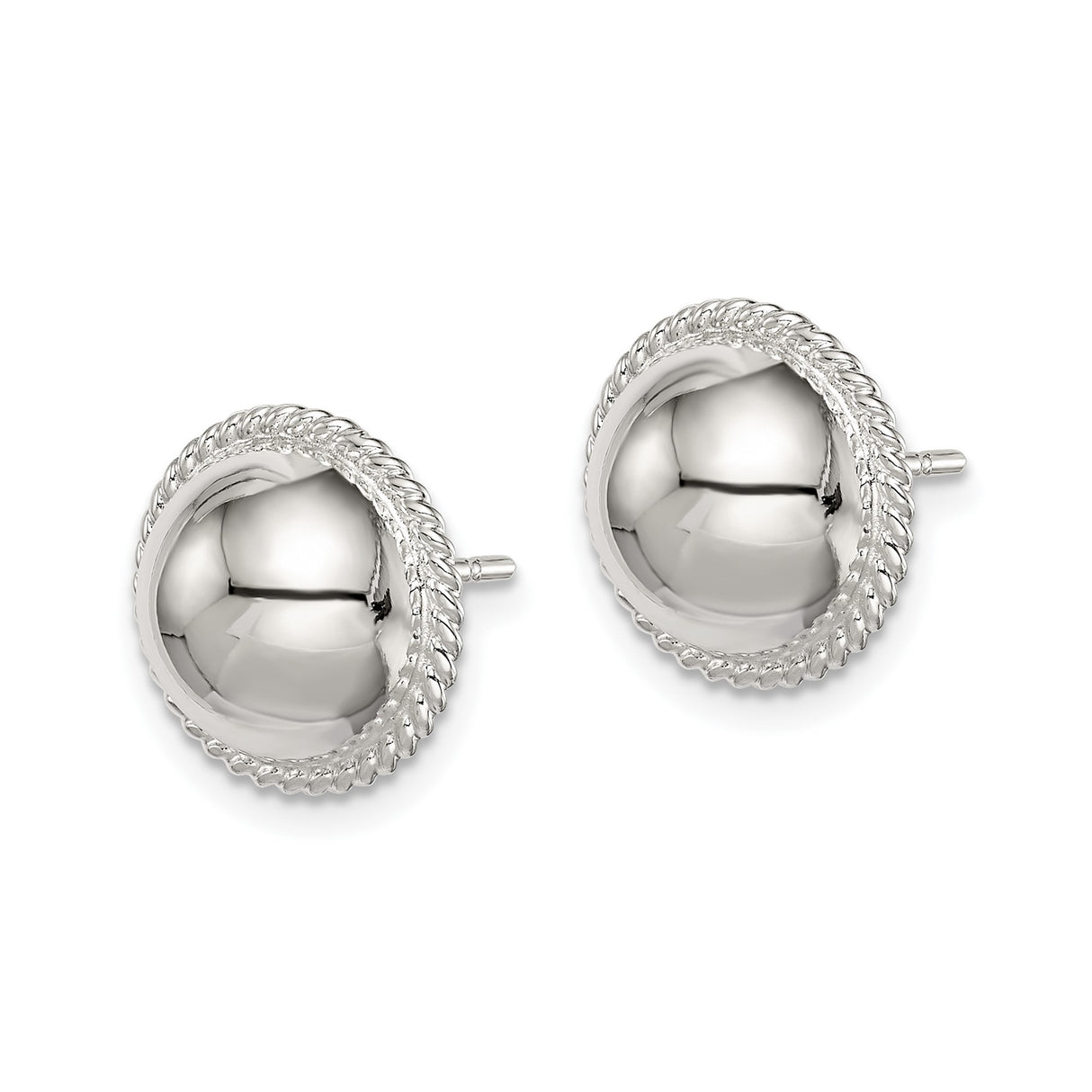 Sterling Silver Dome Stud Earrings with Concave Center and Twisted Rope Border