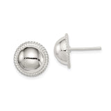 Sterling Silver Dome Stud Earrings with Concave Center and Twisted Rope Border