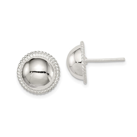 Sterling Silver Dome Stud Earrings with Concave Center and Twisted Rope Border