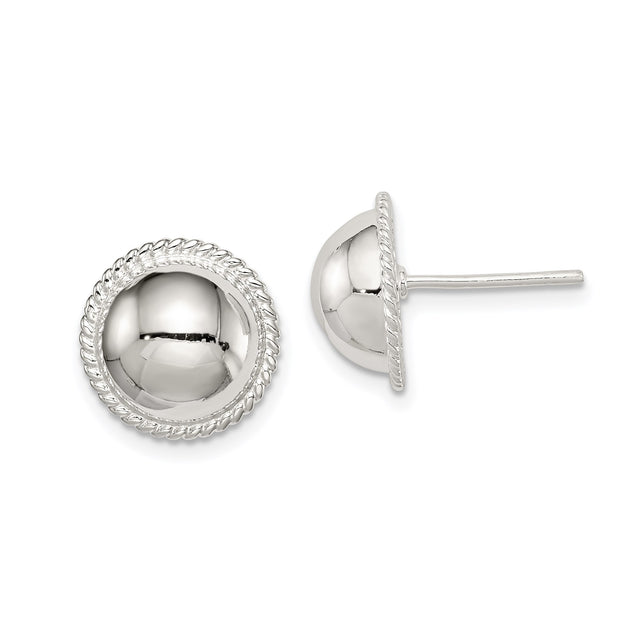 Sterling Silver Dome Stud Earrings with Concave Center and Twisted Rope Border