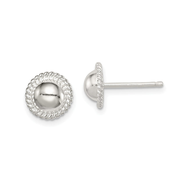Sterling Silver Dome Stud Earrings with Polished Finish and Rope Border