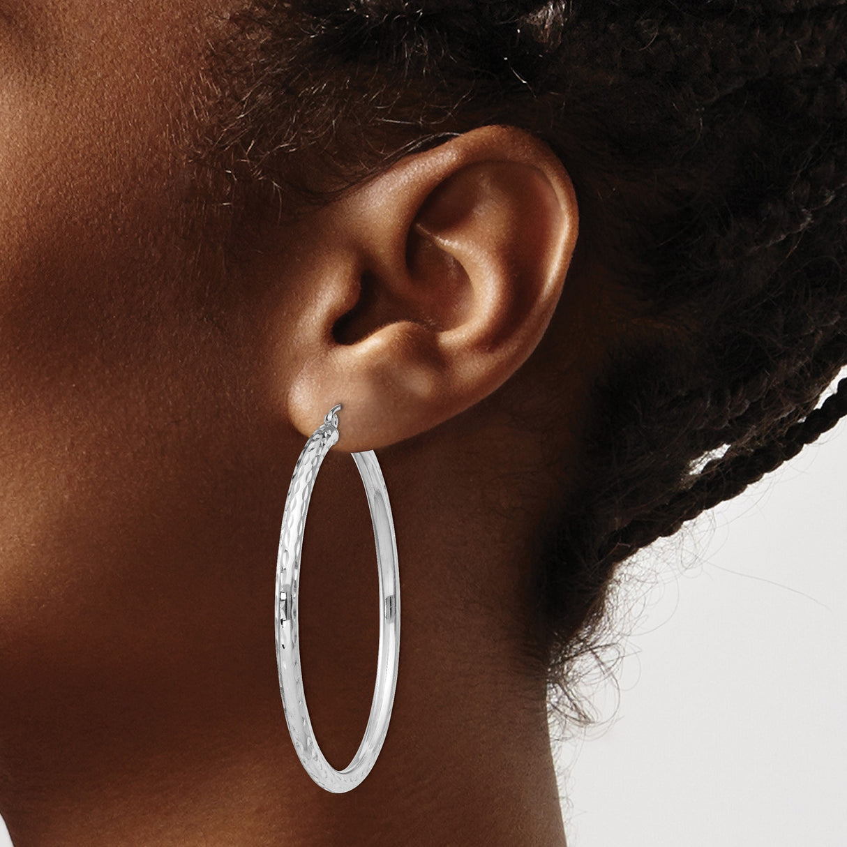 Sterling Silver Hoop Earrings with Diamond Cut Textured Surface, Rhodium Plated, Lightweight Design