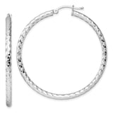 Sterling Silver Hoop Earrings with Diamond Cut Textured Surface, Rhodium Plated, Lightweight Design