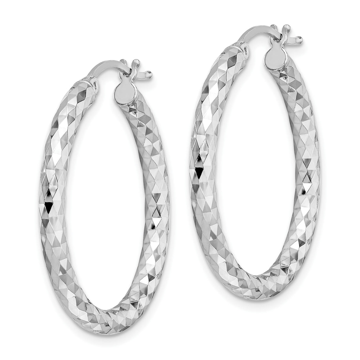 Sterling Silver Hoop Earrings, Diamond Cut Faceted Design with Textured Surface, Medium Round Hoops