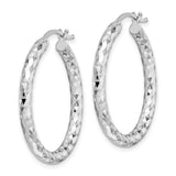 Sterling Silver Hoop Earrings, Diamond Cut Faceted Design with Textured Surface, Medium Round Hoops