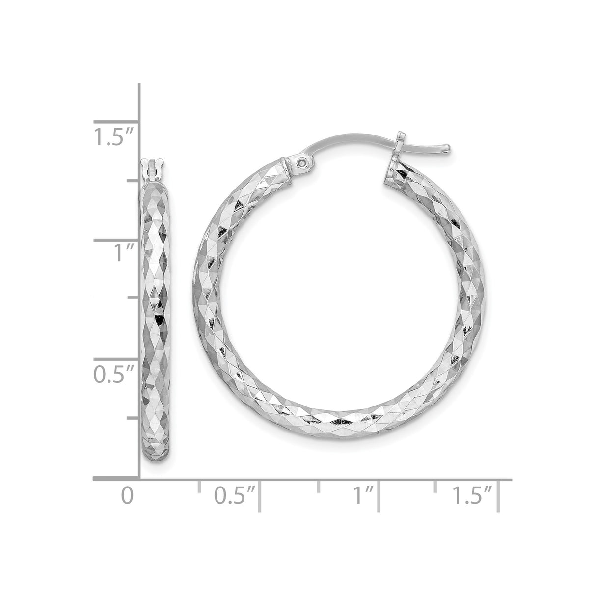 Sterling Silver Hoop Earrings, Diamond Cut Faceted Design with Textured Surface, Medium Round Hoops