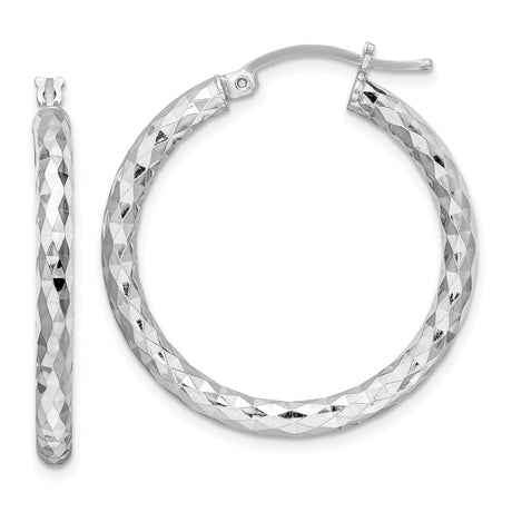 Sterling Silver Hoop Earrings, Diamond Cut Faceted Design with Textured Surface, Medium Round Hoops
